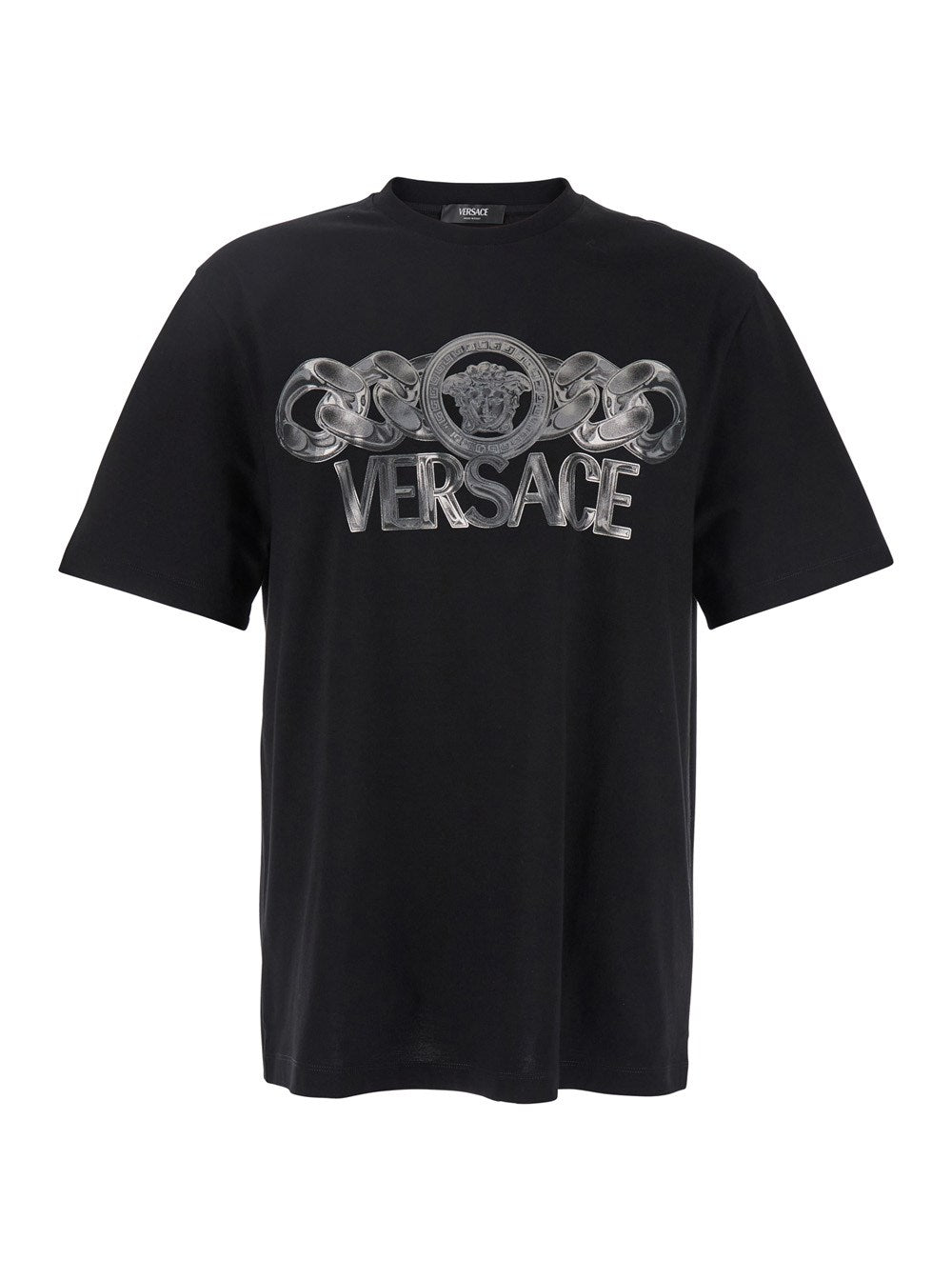 Versace Black T-Shirt with Medusa Head Logo Print on the Front in Cotton Man