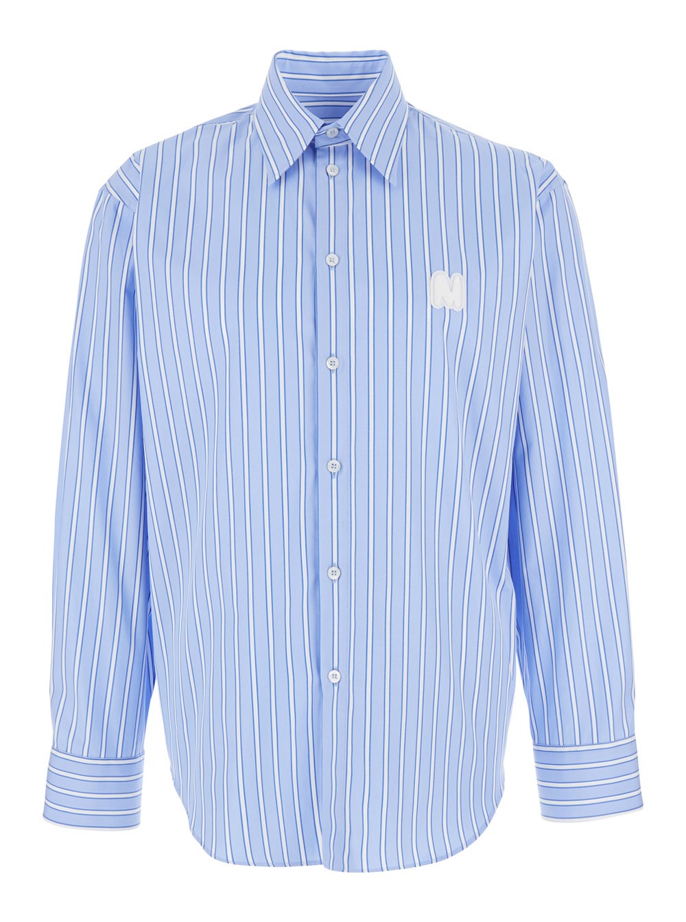 Msgm Light Blue Shirt with All-Over Striped Motif and Logo on the Front in Cotton Man