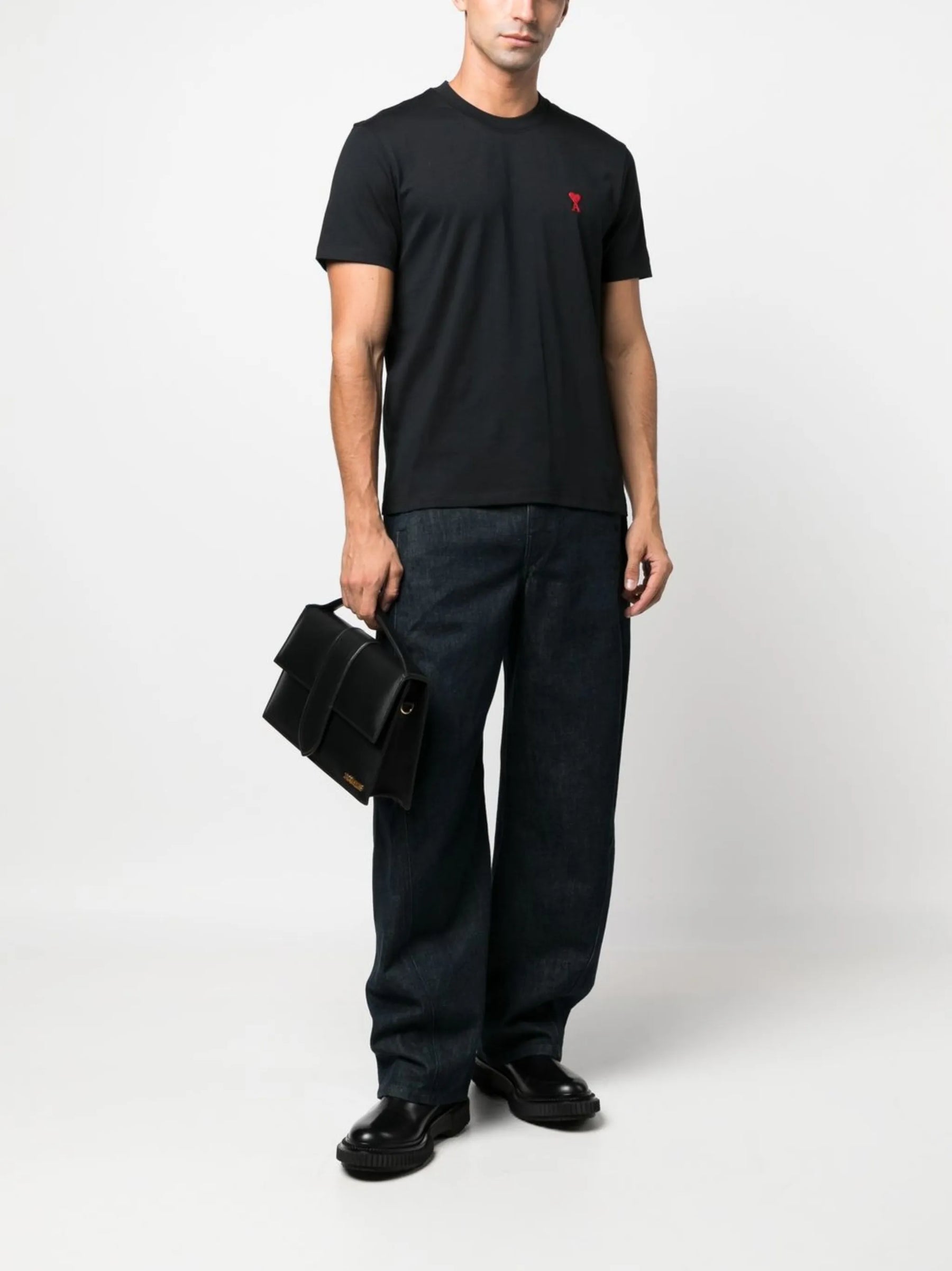 Ami Paris Ami De Coeur Red Embroidered Logo T-Shirt in Black