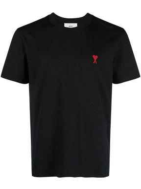 Ami Paris Ami De Coeur Red Embroidered Logo T-Shirt in Black