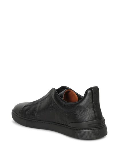 Zegna Men’s Triple Stitch™ Black Leather Slip-On Sneakers – Modern Luxury & Comfort
