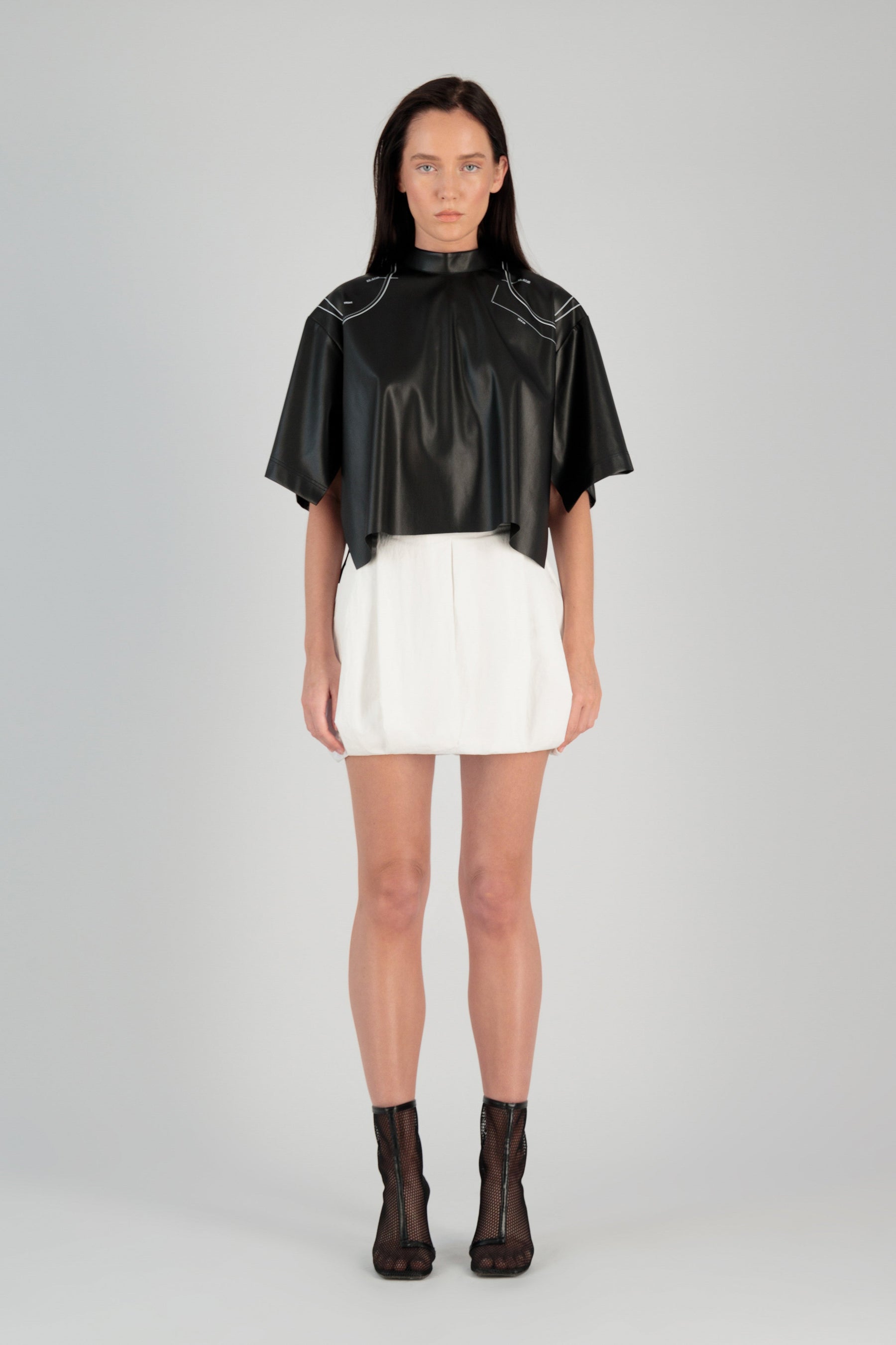 VEGAN LEATHER TEE W/ SHOULDER PAD PRINT