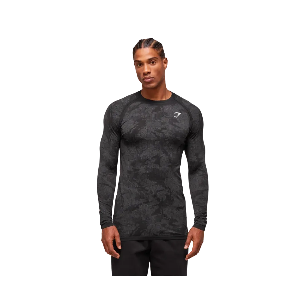 Gymshark Geo Seamless Long Sleeve T-Shirt Slim Fit Black/Charcoal Grey