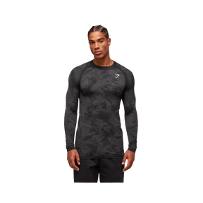 Gymshark Geo Seamless Long Sleeve T-Shirt Slim Fit Black/Charcoal Grey