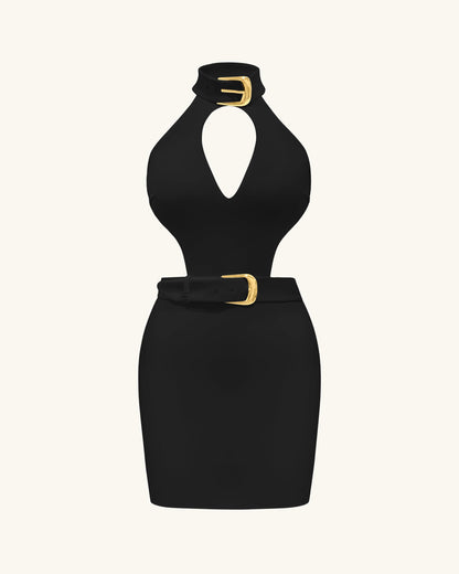 Gabriella Belted Cutout Halter Mini Dress - Black