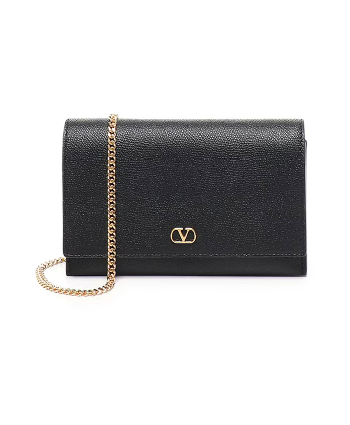 Black Calfskin Wallet with Chain Strap