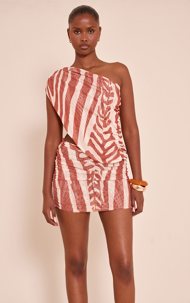 Brown Zebra Print Mesh Ruched Mini Skirt