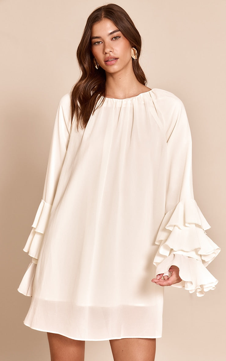 Cream Chiffon Frill Sleeve Detail Shift Dress