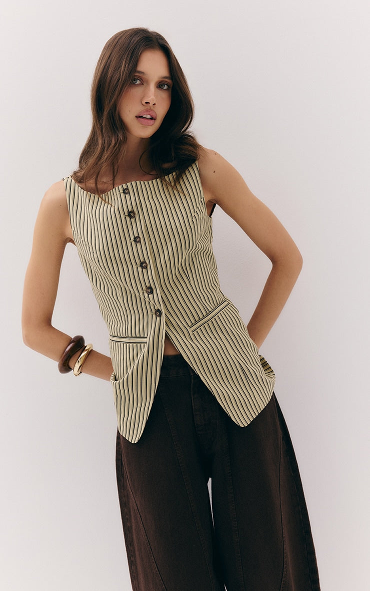 Green Striped Linen Look Waistcoat