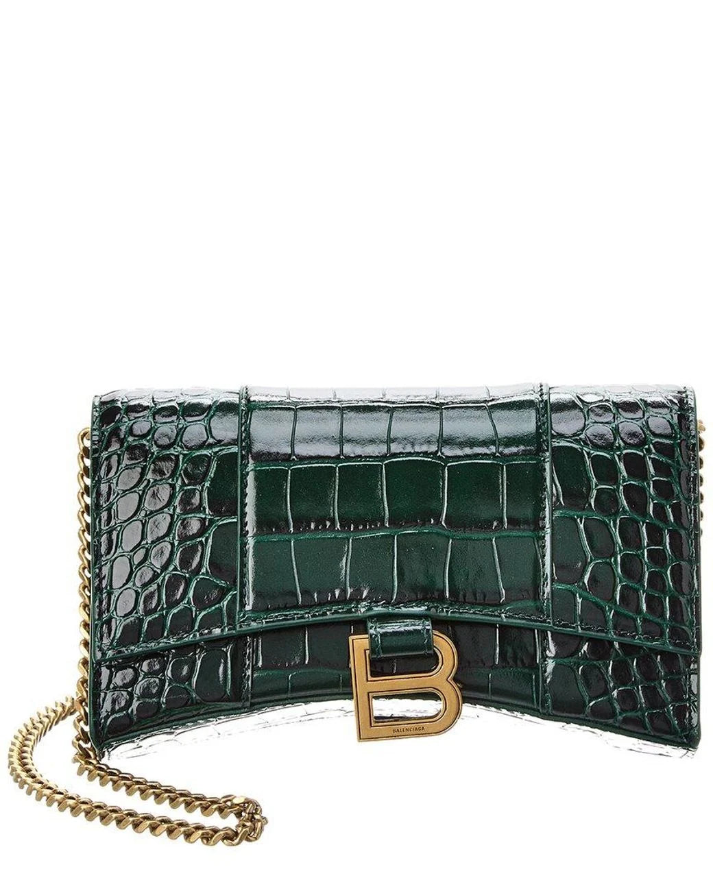 Balenciaga Women's Green Hourglass Croc-embossed Leather Wallet On Chain
