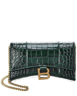 Balenciaga Women's Green Hourglass Croc-embossed Leather Wallet On Chain