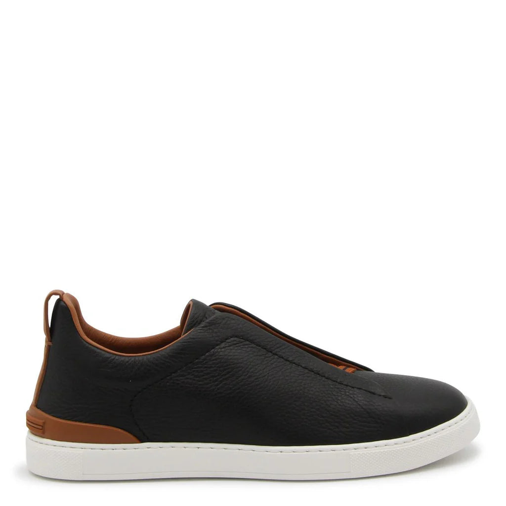 Zegna Men’s Black Leather Slip-On Sneakers – UK Size | Lightweight EVA & TPU Sole
