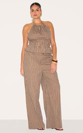 Plus Brown Stripe Woven Mid Rise Wide Leg Trouser