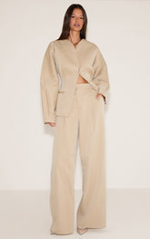 Sand Premium Woven Tailored Wide Leg Pleated Front Trousers