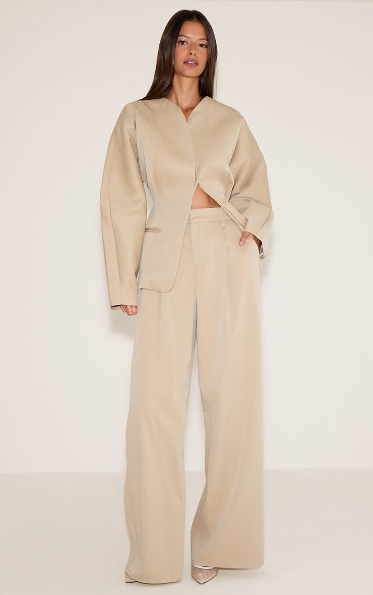 Sand Premium Woven Tailored Wide Leg Pleated Front Trousers