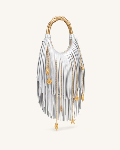 Chloe Metal Handle Fringe Top Handbag - Navy Blue