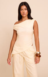 Beige Woven One Shoulder Asymmetric Long Top