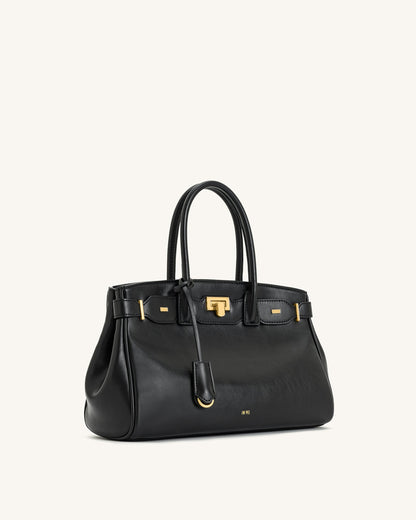 Ziva Metal Lock Decoration Tote Bag - Dark Brown