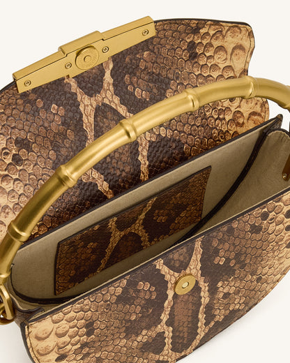 Sylvie Snake Print Half-Moon Top Handle Bag - Yellowish Brown