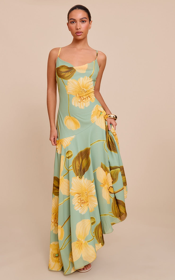 Green Floral Printed Strappy Cowl Neck Maxi Dress