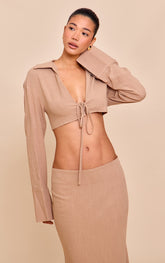 Sand Linen-Blend Tie Front Cropped Shirt