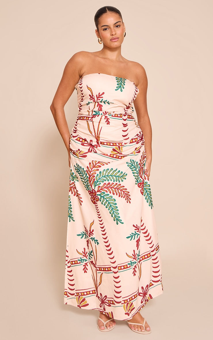 Plus Cream Printed Bandeau Ruched Detail Maxi Dress