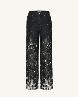 Embroidery High Rise Wide Leg Lace Denim Jeans With Rhinestone - Black