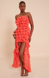 Orange Ruffled Bandeau Maxi Dress
