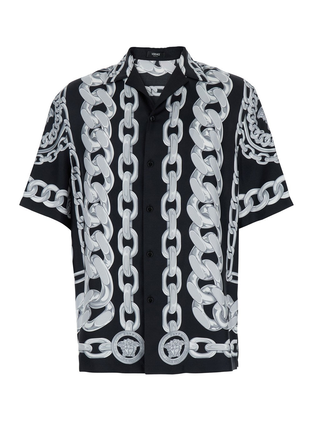 Versace Black and White Bowling Shirt with Cuban Collar and All-Over Chain-Link Print in Silk Man