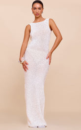 Cream Sequin Knit Scoop Back Maxi Dress