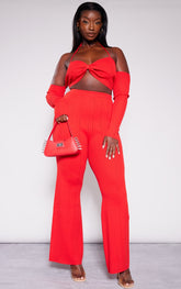 Plus Red Rib Knit Flared Trousers
