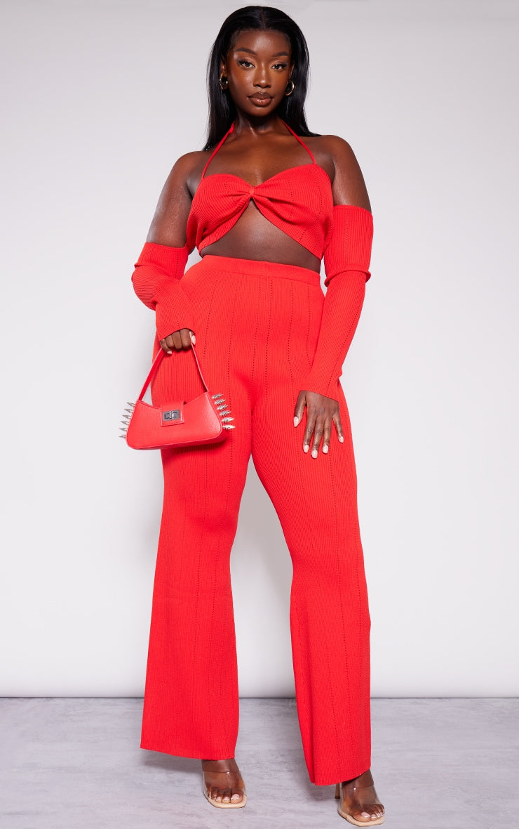 Plus Red Rib Knit Flared Trousers