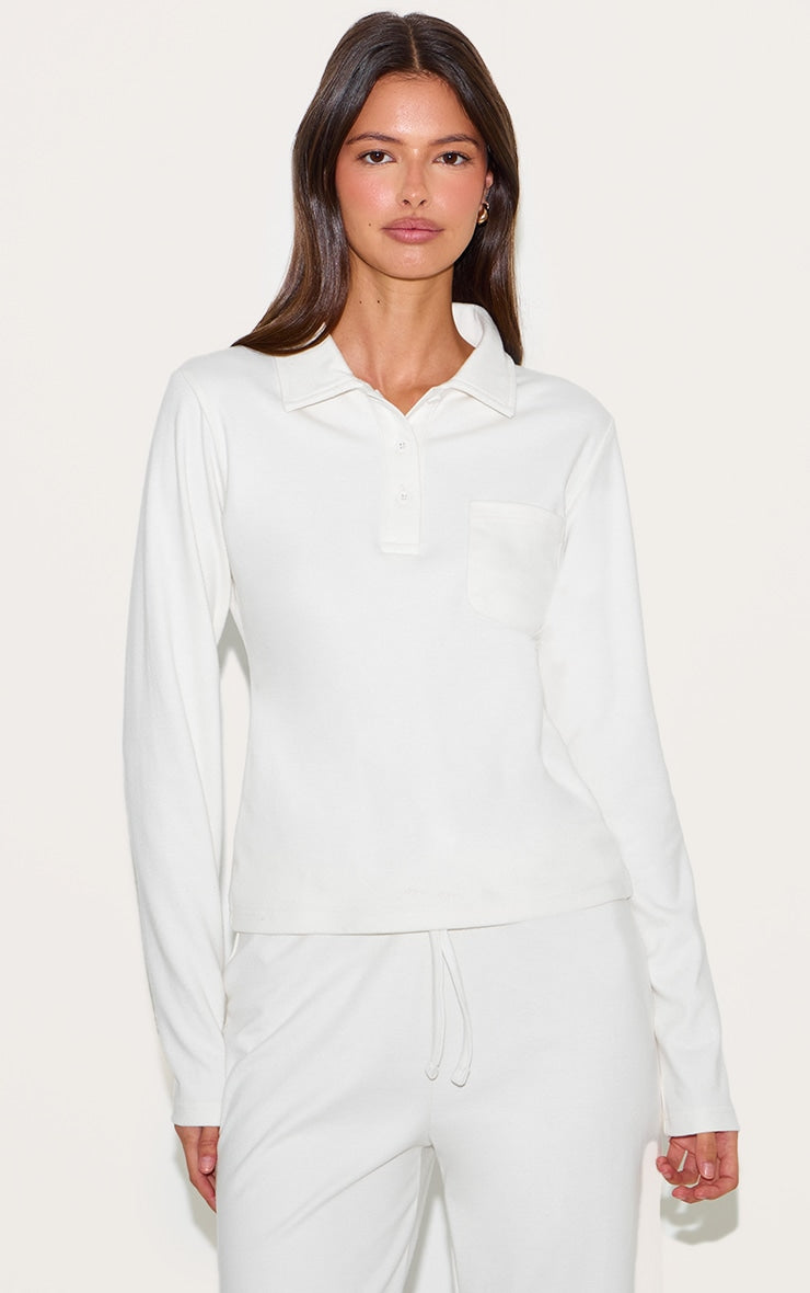 Cream Long Sleeved Super Soft V Neck Button Up Top