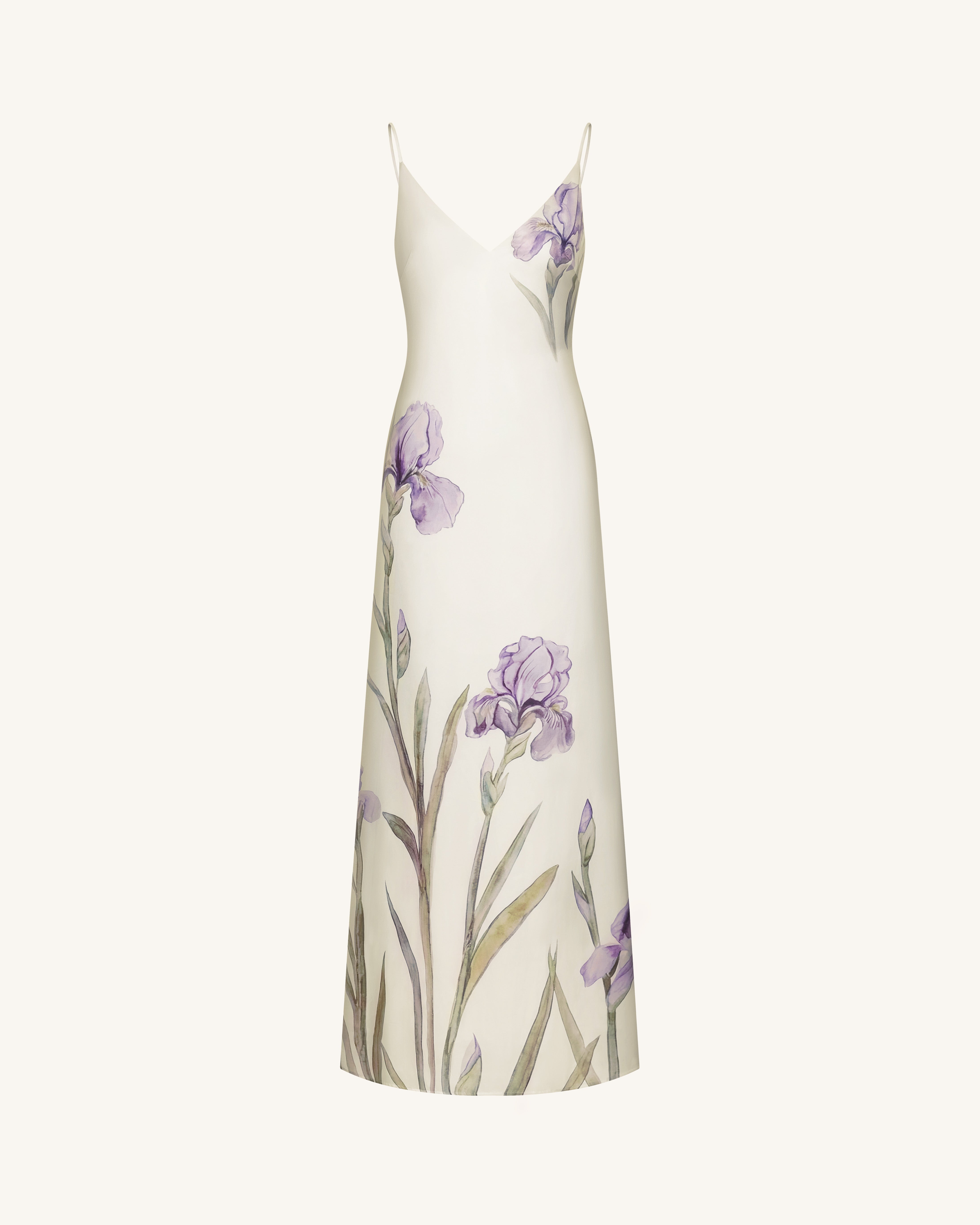 Iris Motif Satin Slip Gown - Olive Green