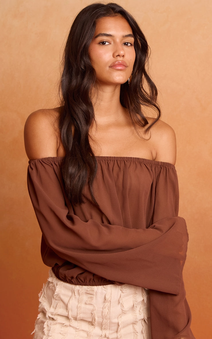 Brown Chiffon Ruched Bardot Blouse