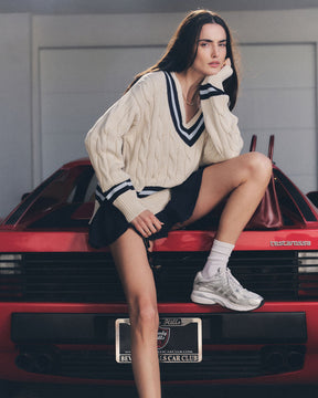 SRC Cableknit V-Neck Sweater - Ecru/Navy/Ciel