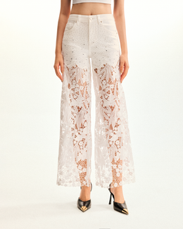 Embroidery High Rise Wide Leg Lace Denim Jeans With Rhinestone - White