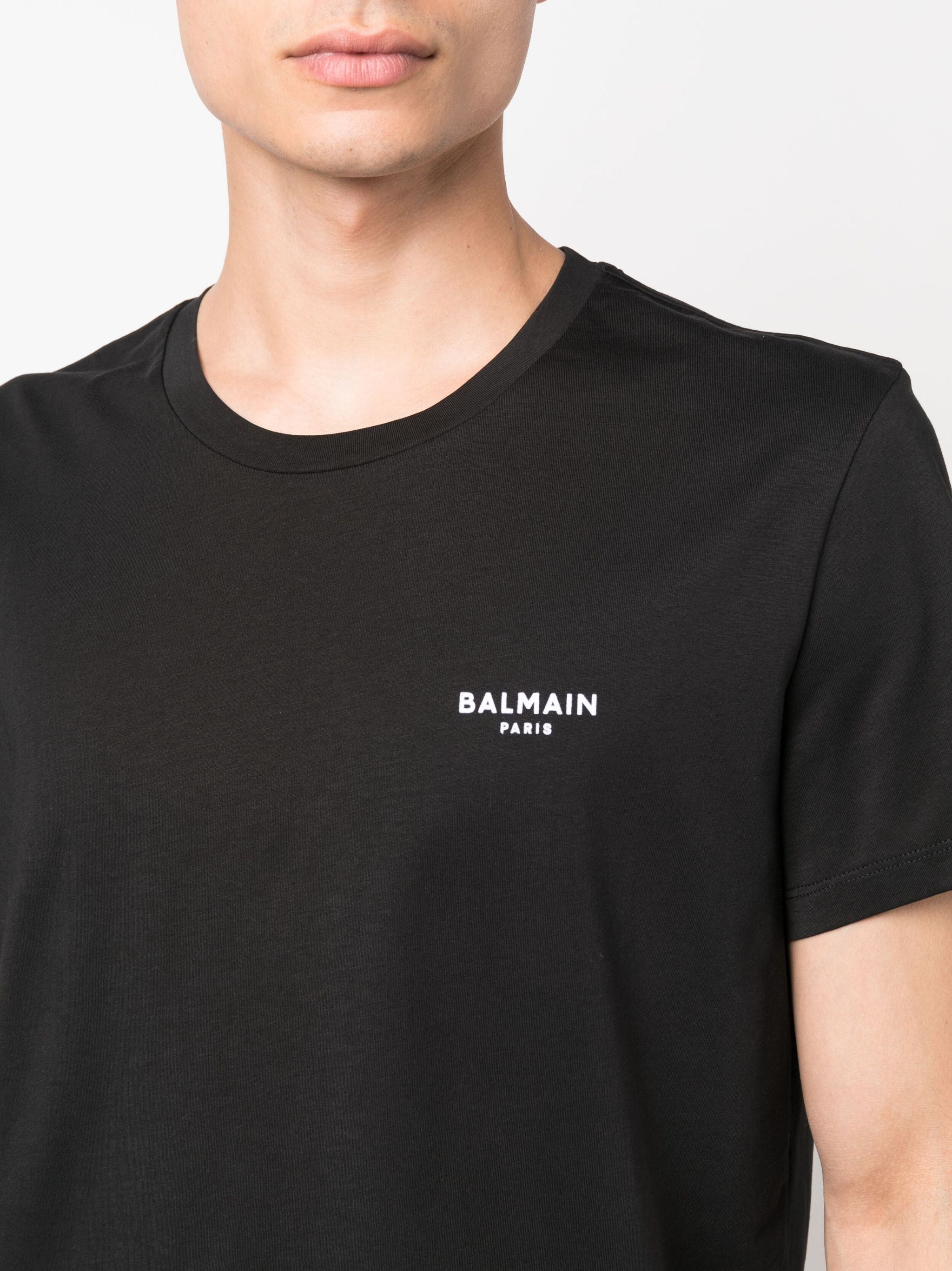Balmain Small Logo Flock Printed T-Shirt in Black
