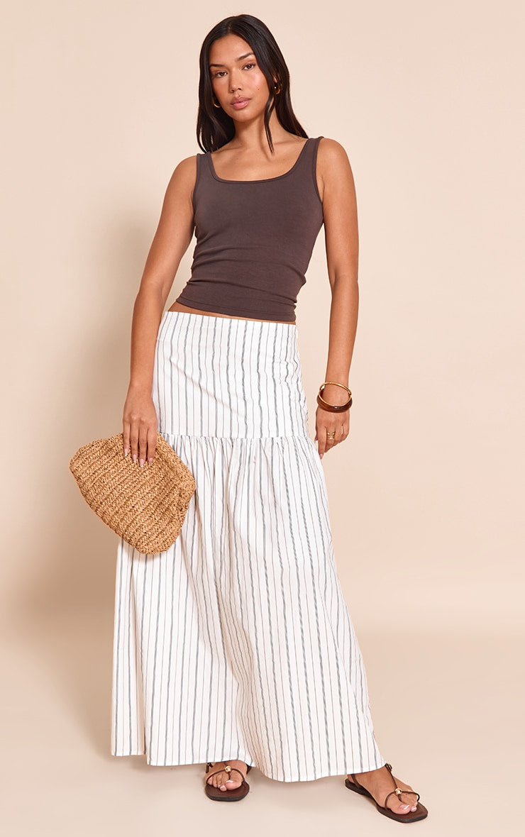 White Pinstripe Cotton Poplin Drop Waist Maxi Skirt