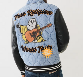 QUILTED DENIM VARSITY JACKET