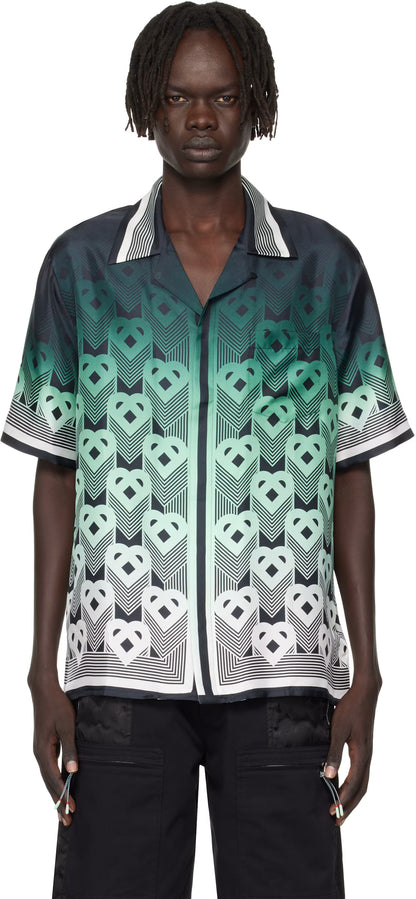 Green & Black Gradient Monogram Short Sleeve Silk Shirt