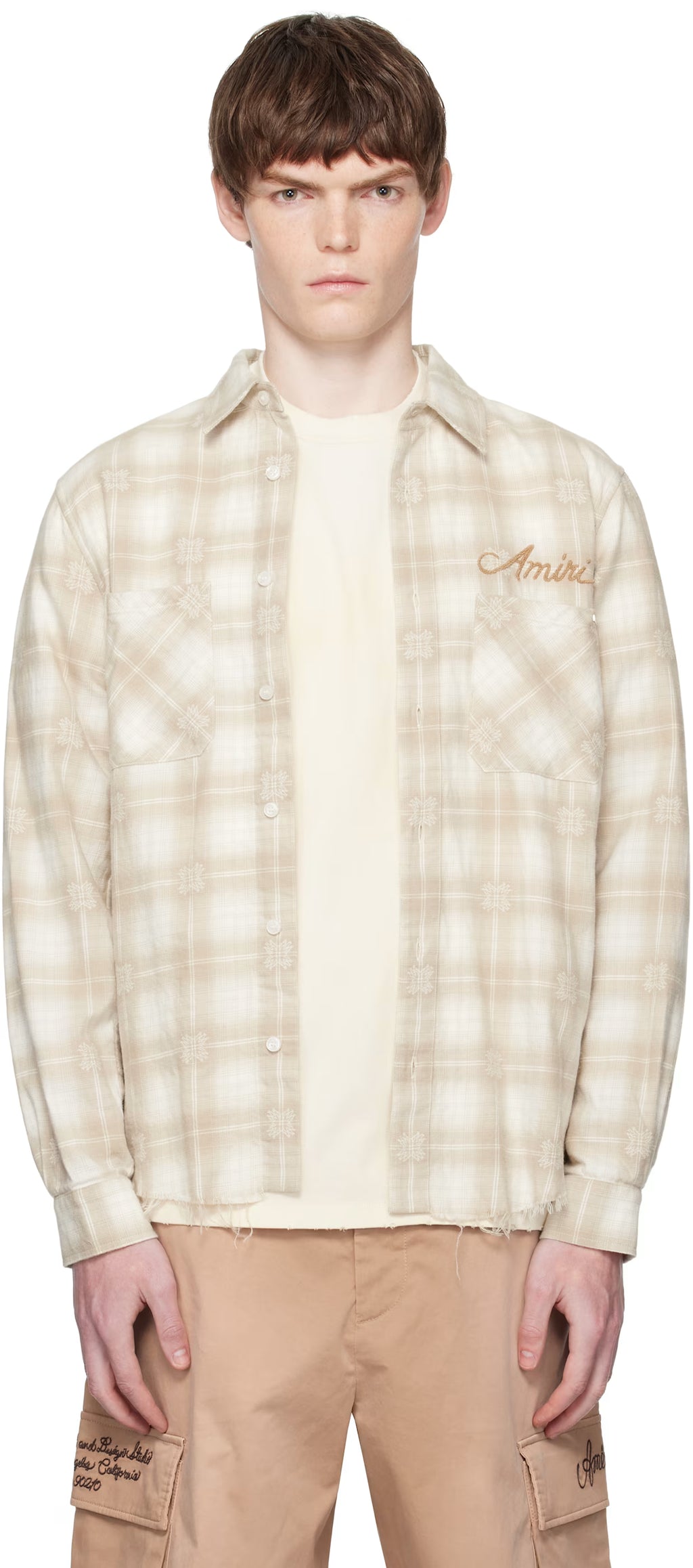 Beige Bleach Bandana Patch Flannel Shirt