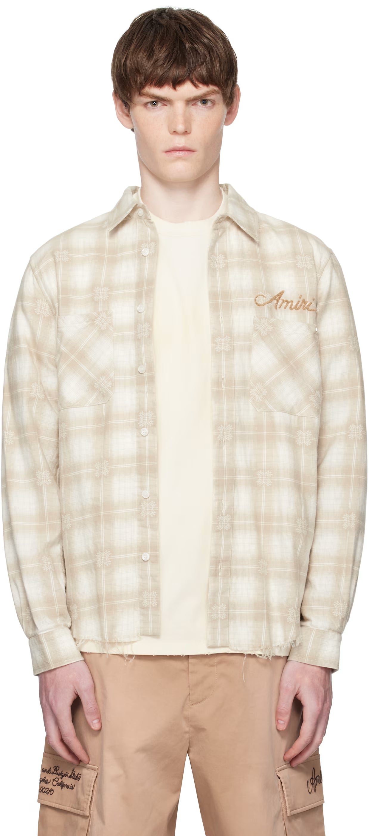 Beige Bleach Bandana Patch Flannel Shirt