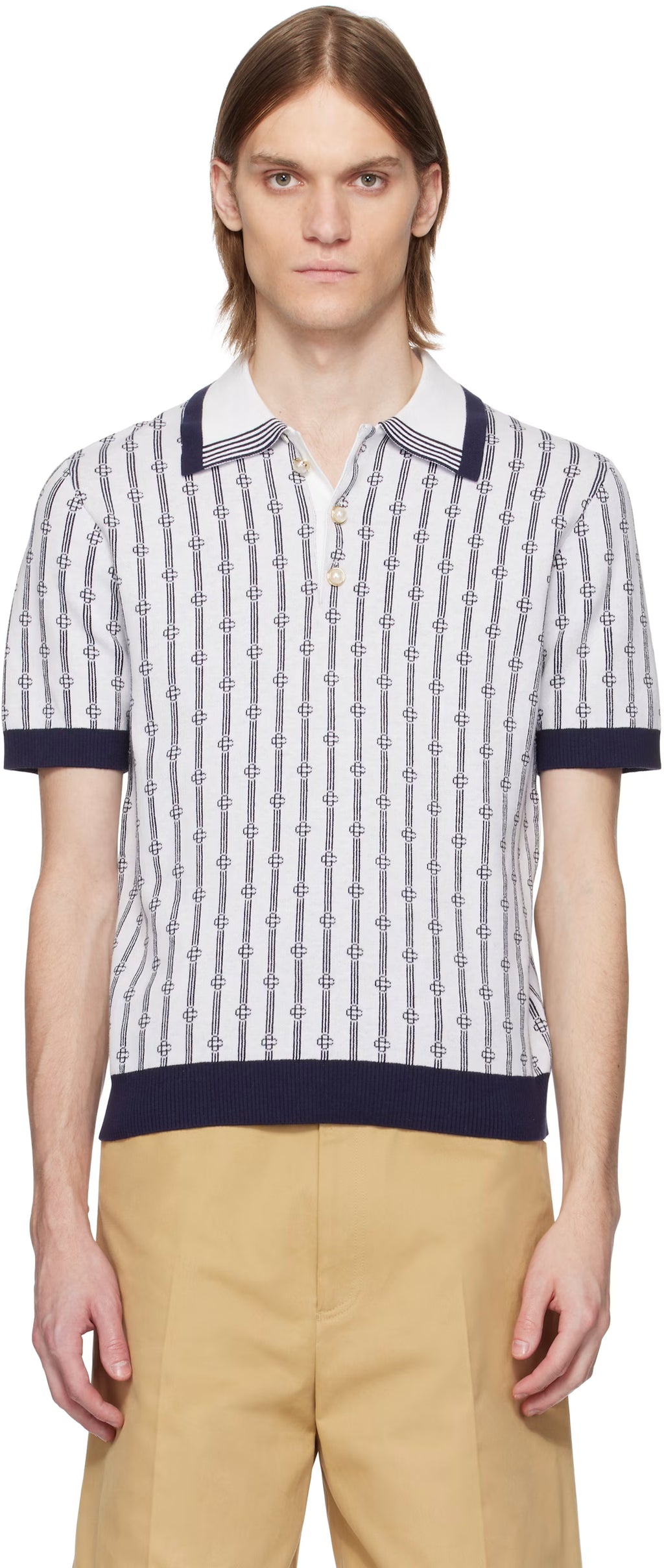 White & Navy Monogram Polo