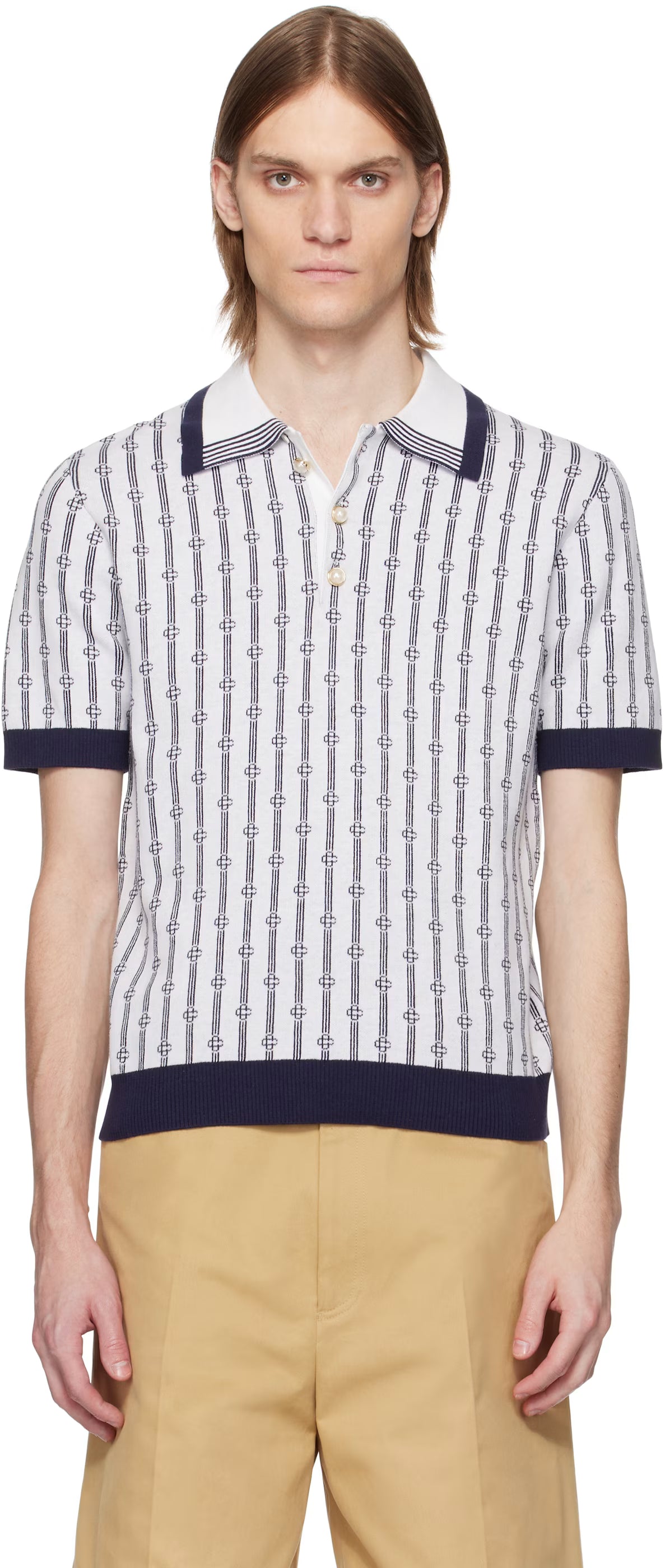 White & Navy Monogram Polo