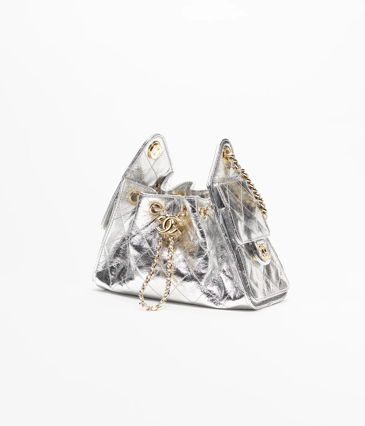 CHANEL mini bag 25 Metallic calfskin & gold-tone metal Silver