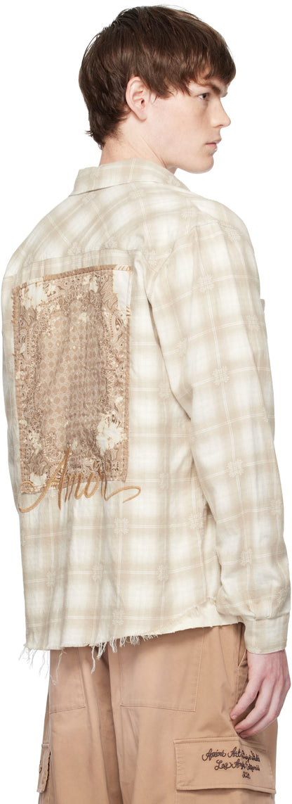 Beige Bleach Bandana Patch Flannel Shirt