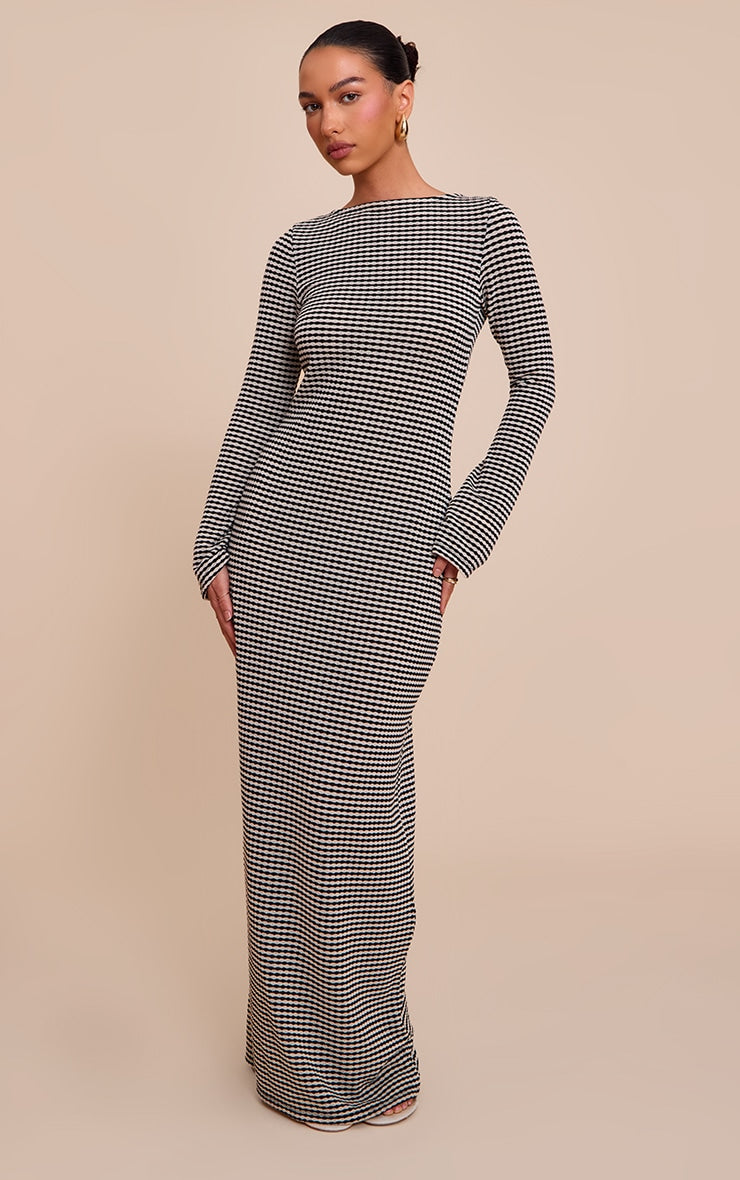 Black Monochrome Textured Scoop Back Long Sleeve Maxi Dress