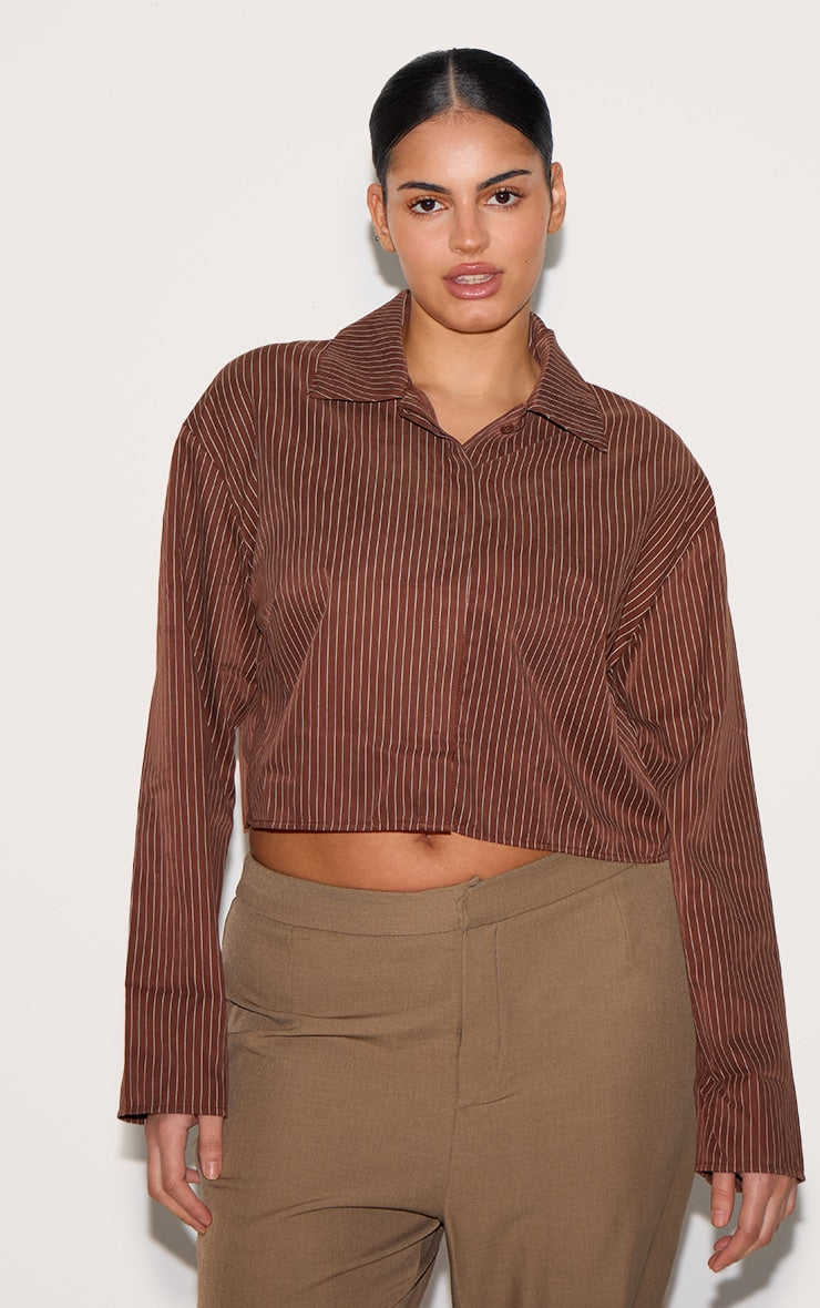 Plus Brown Faux Suede Cropped Striped Shirt