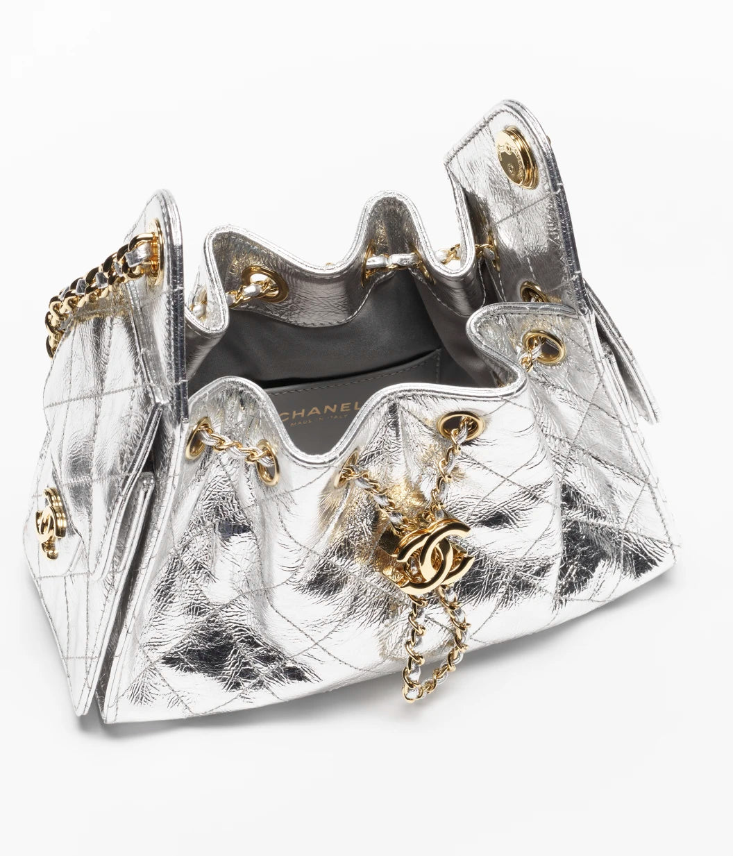 CHANEL mini bag 25 Metallic calfskin & gold-tone metal Silver